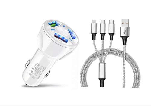 3 Port Fast LED White Car Charger + 3 in 1 Cable Combo Silver