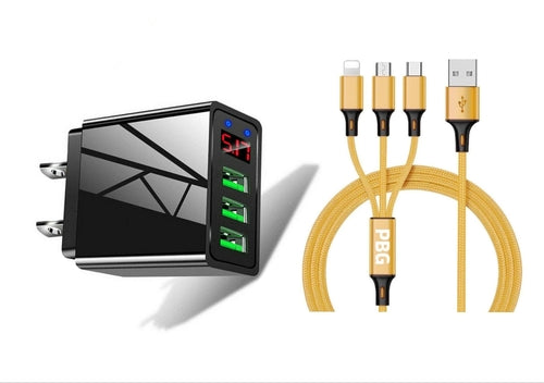 3 port LED Display High Speed Wall Charger Black + 3 in 1 Cable Combo