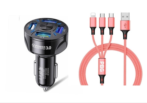 4 Port LED Car Charger + 3 in 1 Cable Combo Pink