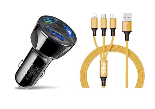 PBG 3 Port Fast LED Car Charger + 3 in 1 Cable Combo