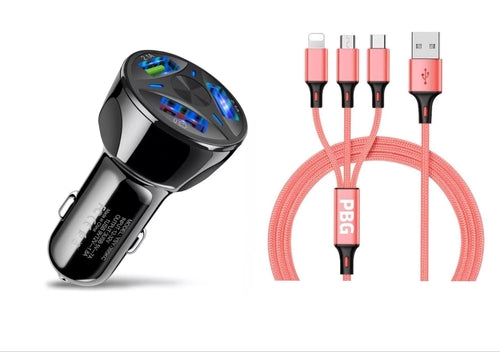 PBG 3 Port Fast LED Car Charger + 3 in 1 Cable Combo