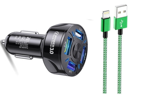 PBG 4 Port LED Car Charger and 6FT Charger Compatible for Iphone Cable