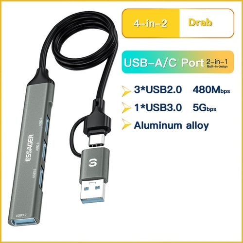 Essager 4 In 1 Usb C Cable Hub Usb 2.0 High Speed Splitter Type C Hub