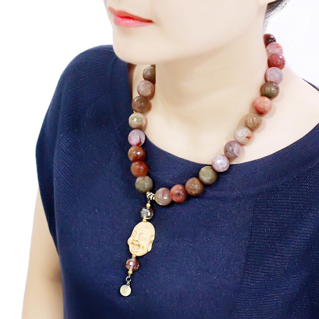 LO4663 - Antique Copper Brass Necklace with Semi-Precious Agate in