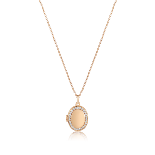 Gold CZ Oval Locket Necklace