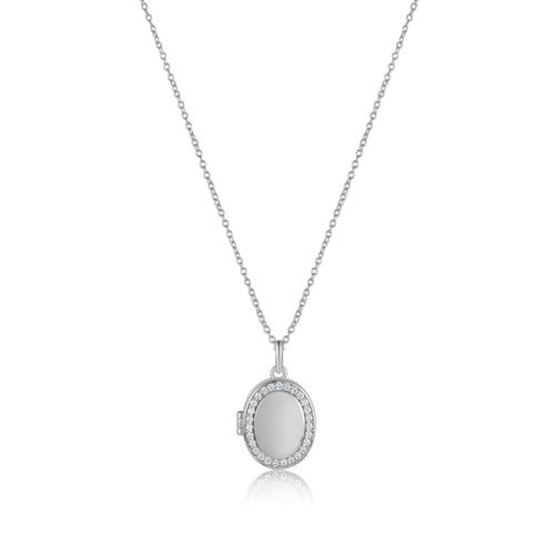 Silver CZ Oval Locket Necklace