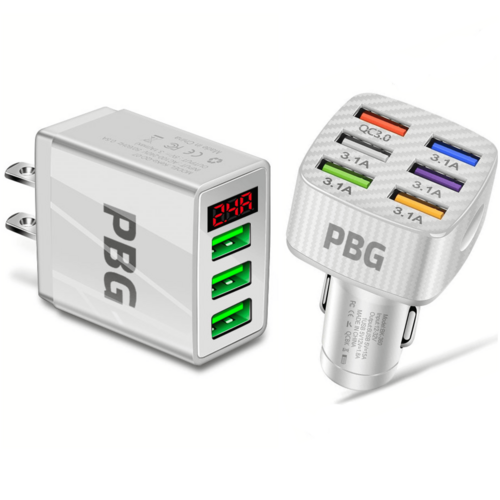 PBG 3 Port LED Voltage Wall Charger and 6 Port Car Charger White/White