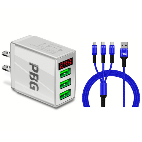 PBG 3 port LED Display Wall Charger and 3 in 1 Cable Bundle