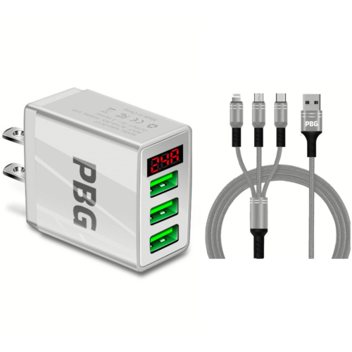 PBG 3 port LED Display Wall Charger and 3 in 1 Cable Bundle