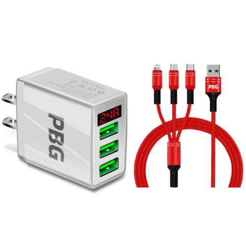 PBG 3 port LED Display Wall Charger and 3 in 1 Cable Bundle