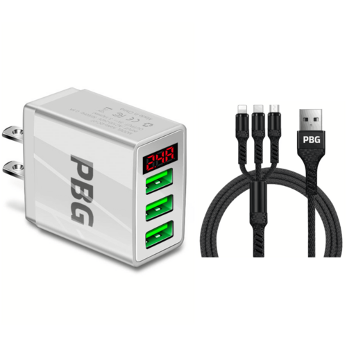 PBG 3 port LED Display Wall Charger and 3 in 1 Cable Bundle