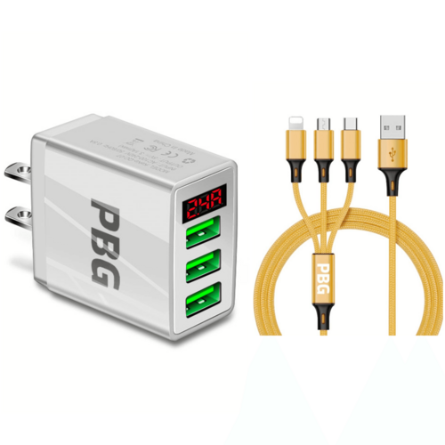 PBG 3 port LED Display Wall Charger and 3 in 1 Cable Bundle