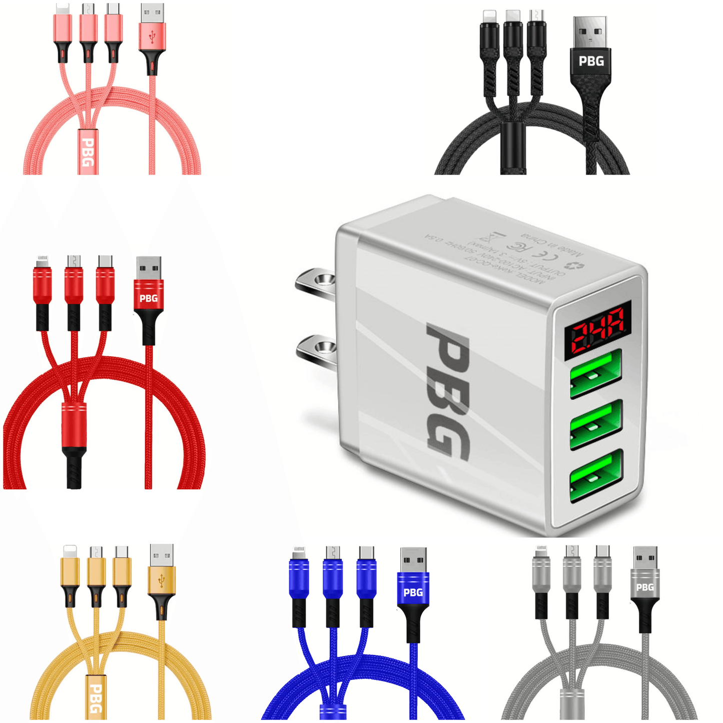 PBG 3 port LED Display Wall Charger and 3 in 1 Cable Bundle