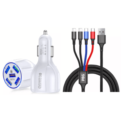 PBG 5 Port LED Car Charger and 4 in 1 Nylon 4 FT Charging Cable Bundle