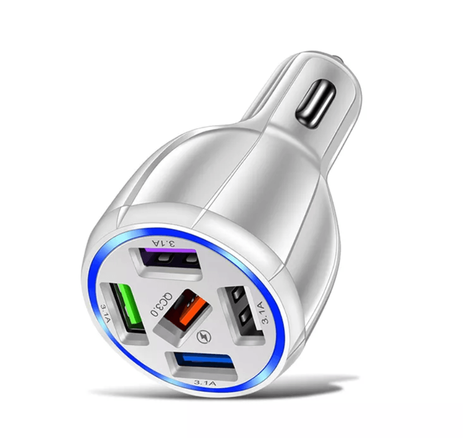 PBG White 5 Port USB Fast Car Charger with LED Display and 10 FT XL