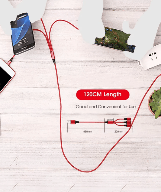 3 Port Fast LED Car Charger + 3 in 1 Cable Combo Red