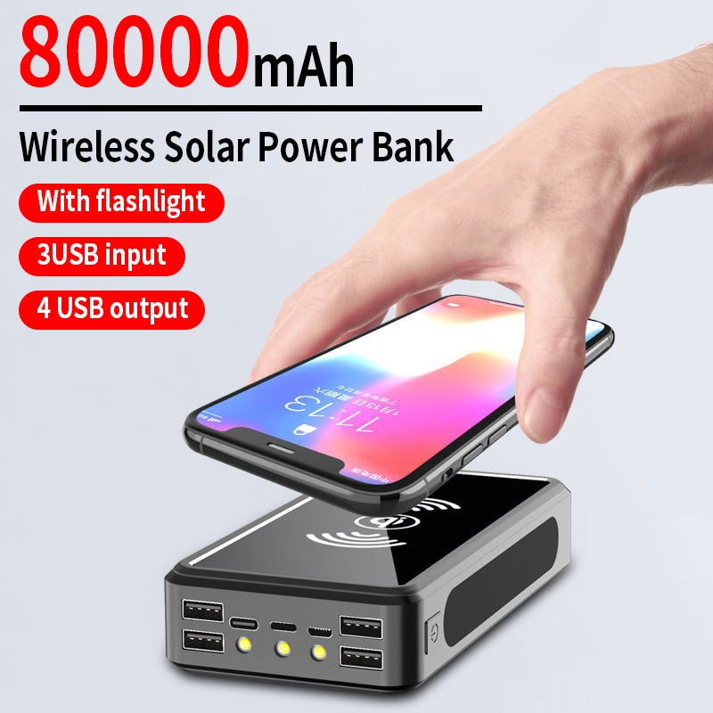 Solar Power Bank 80000mah Wireless External Battery Portable Powerbank
