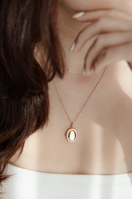 Gold CZ Oval Locket Necklace