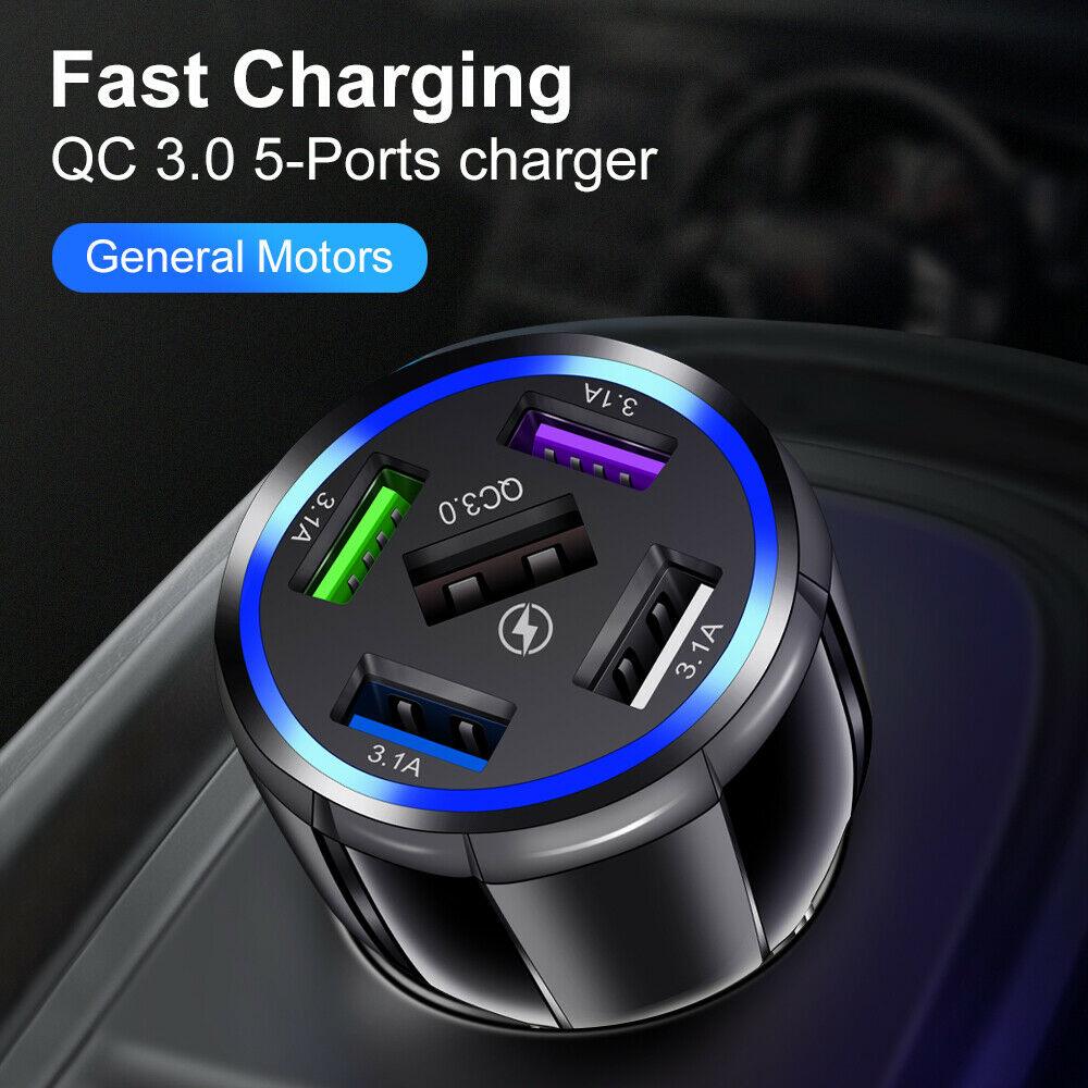 PBG White 5 Port USB Fast Car Charger with LED Display and 10 FT XL