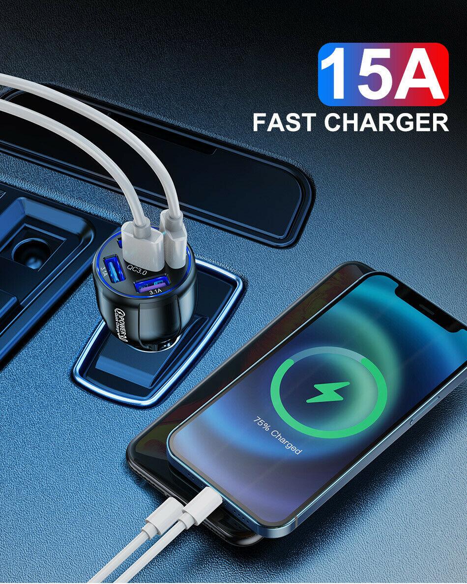 Black 4 Port LED Fast Car Charger and  6FT Charger Compatible for