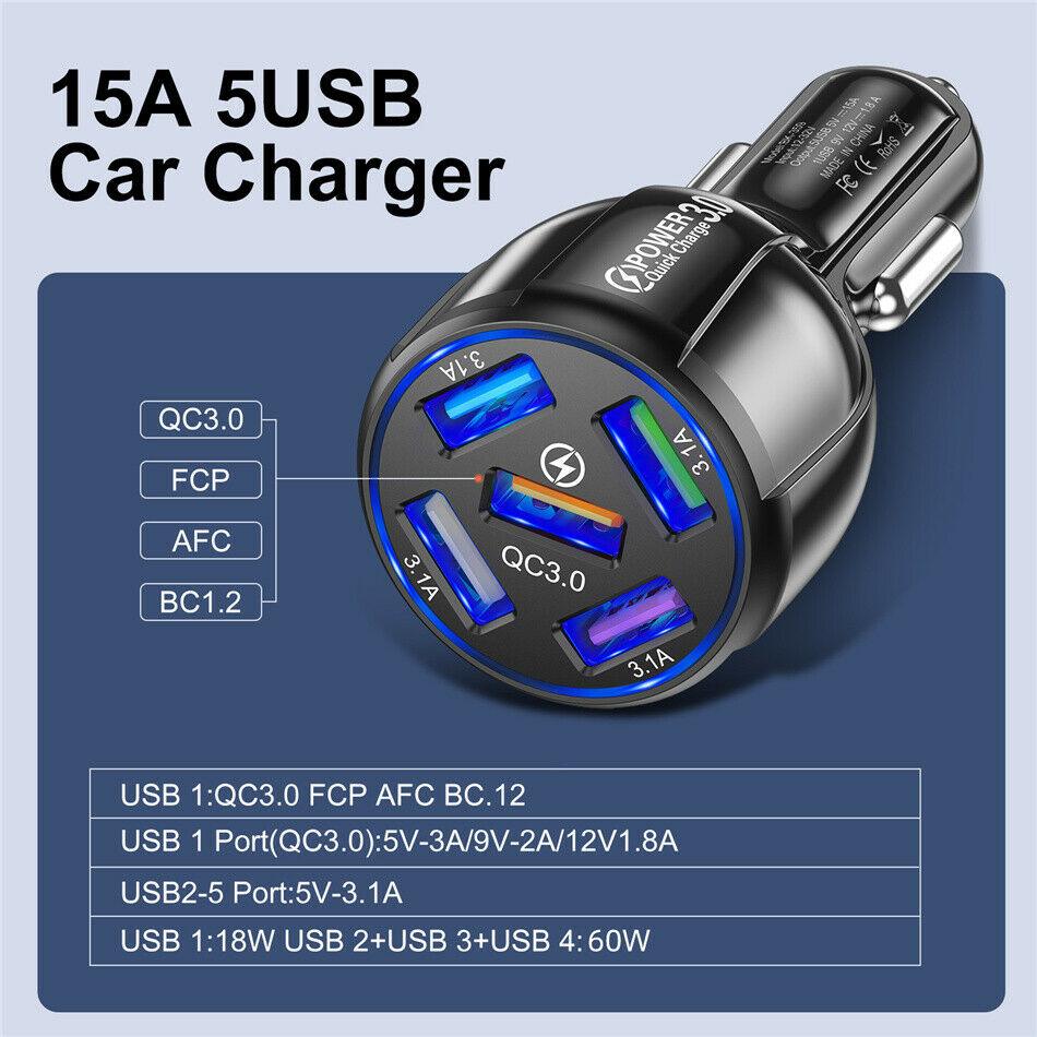 PBG White 5 Port USB Fast Car Charger with LED Display and 10 FT XL