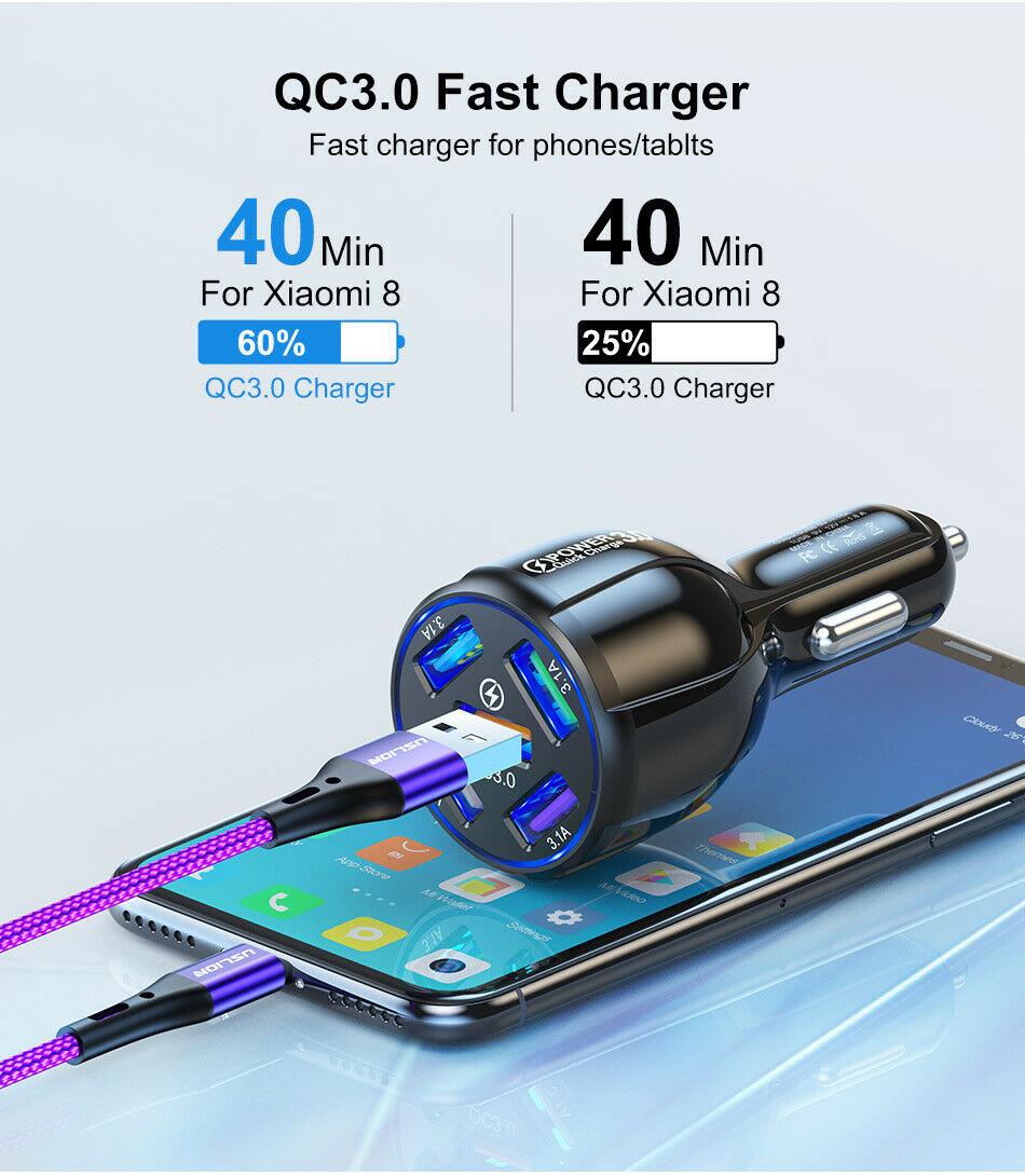4 Port LED Car Charger + 3 in 1 Cable Combo