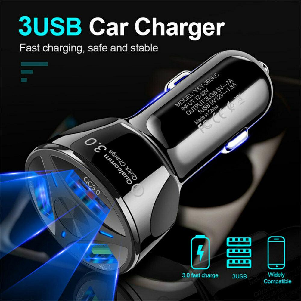 3 Port Fast LED White Car Charger + 3 in 1 Cable Combo Pink